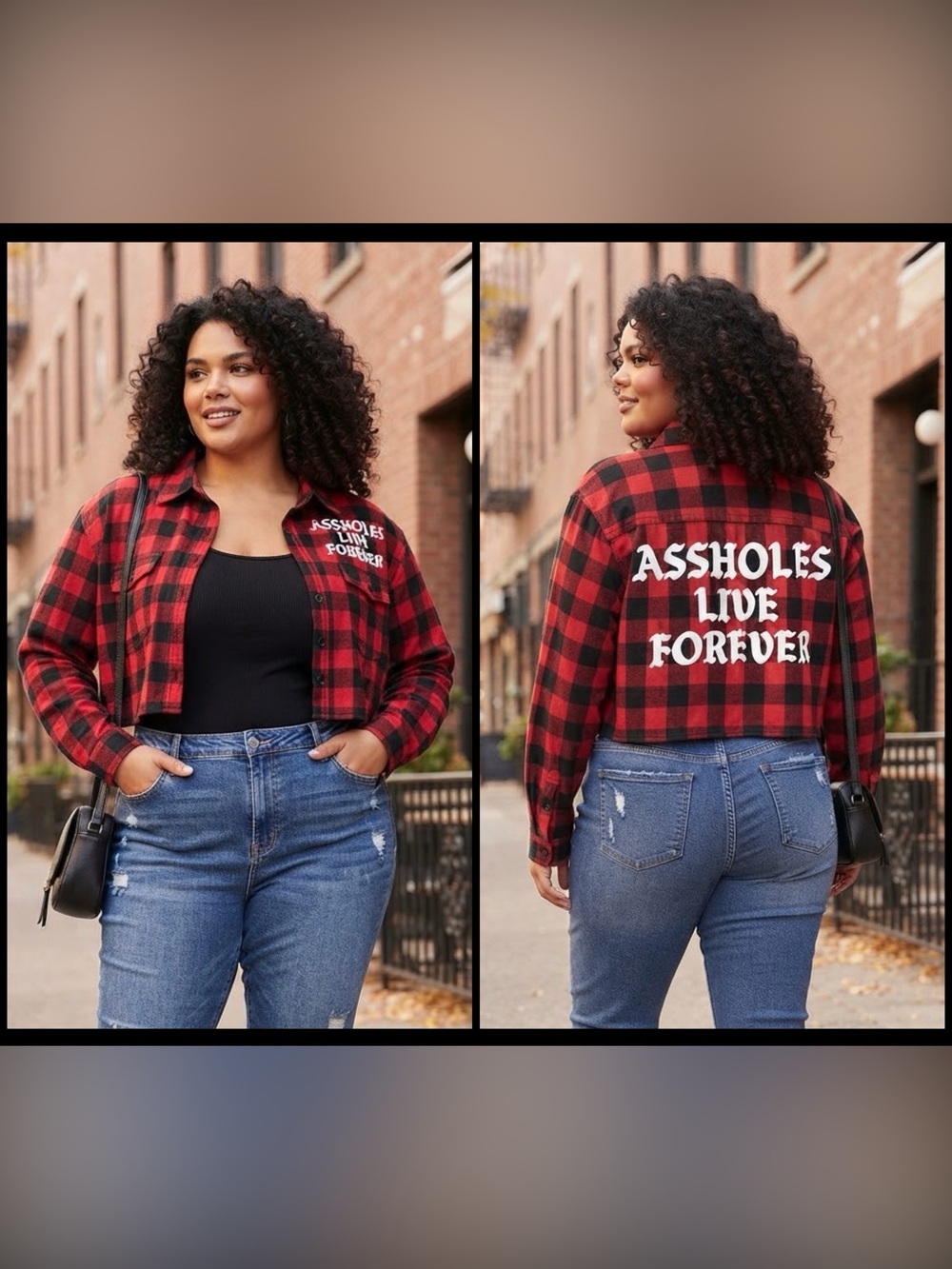 🆕 Assholes Live Forever - Red and Black Cropped Plaid Button-Down Top